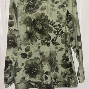 D&Co Denim & Company 1X Sage Green Floral Long Sleeve Top Plus Size